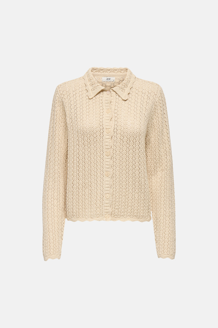 Cardigan écru en maille ajourée par JDY, avec col classique et fermeture boutonnée.