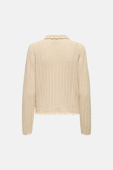 Cardigan écru en maille crochet par JDY, avec un col et des finitions festonnées.
