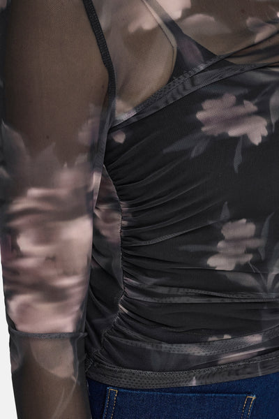 T-shirt à manches longues multicolore de ONLY, en maille transparente à motif floral, avec effet froncé.