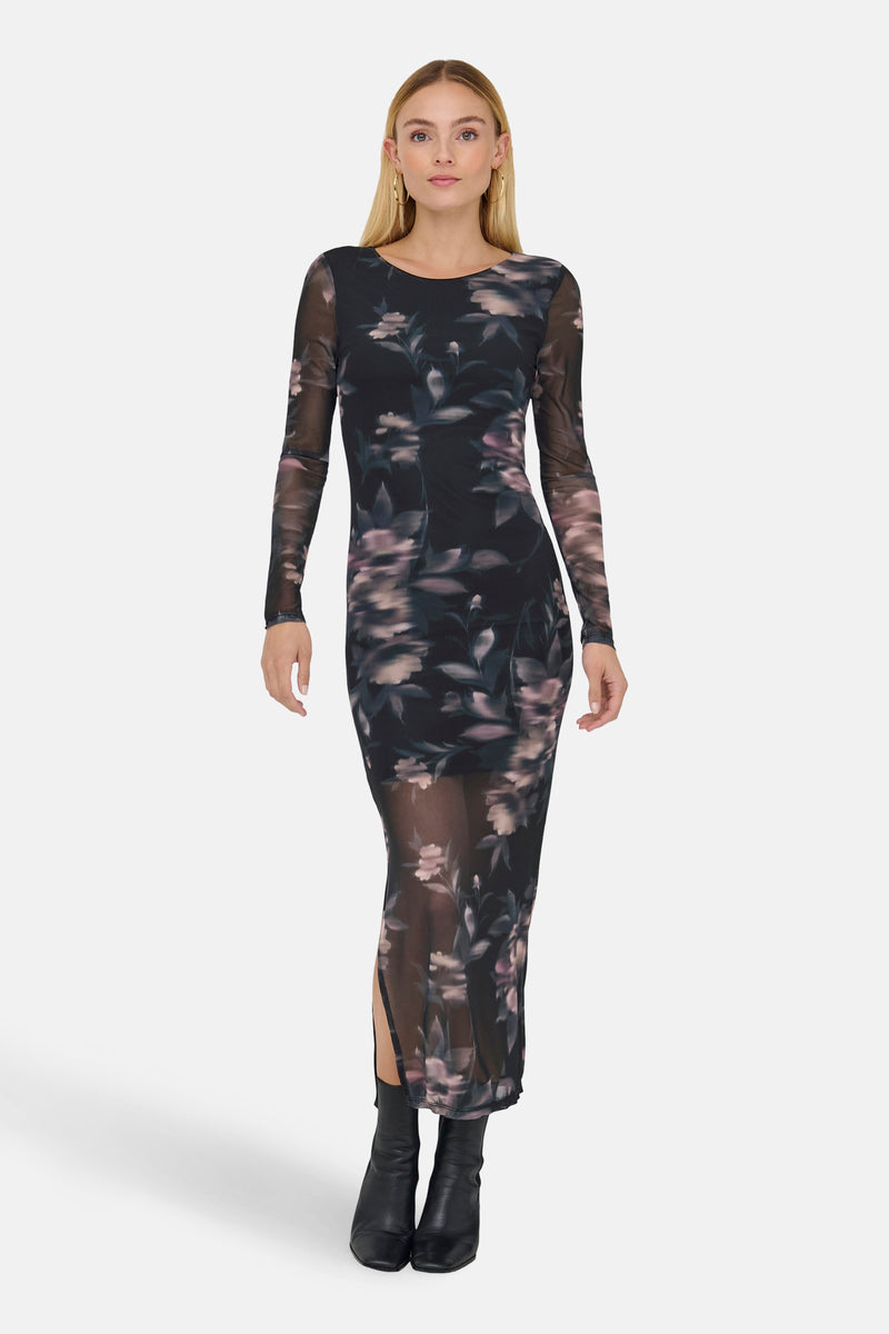 Lange meerkleurige jurk met lange mouwen van ONLY®, met bloemenprint op doorschijnende stof.