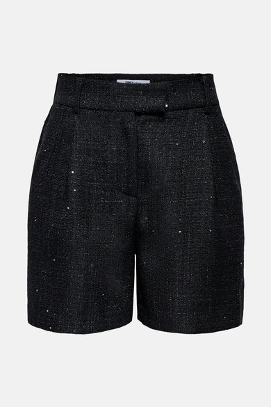 Short noir à paillettes by ONLY, avec passants de ceinture et texture tweedée.