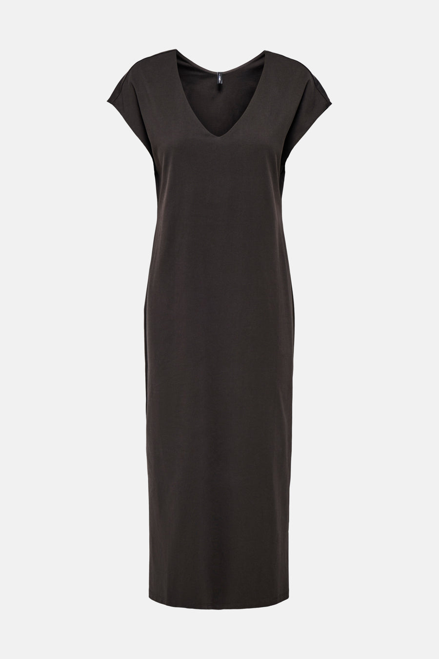 Robe mi-longue marron de ONLY, avec une coupe droite et un col en V.
