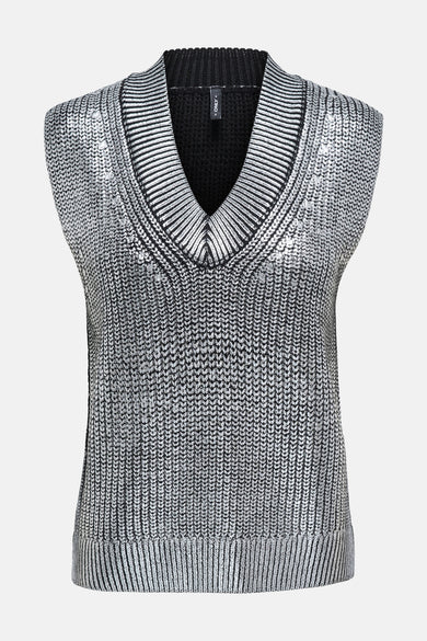 Zilveren tanktop van ONLY, met gebreid patroon en V-hals afgezet met strepen.