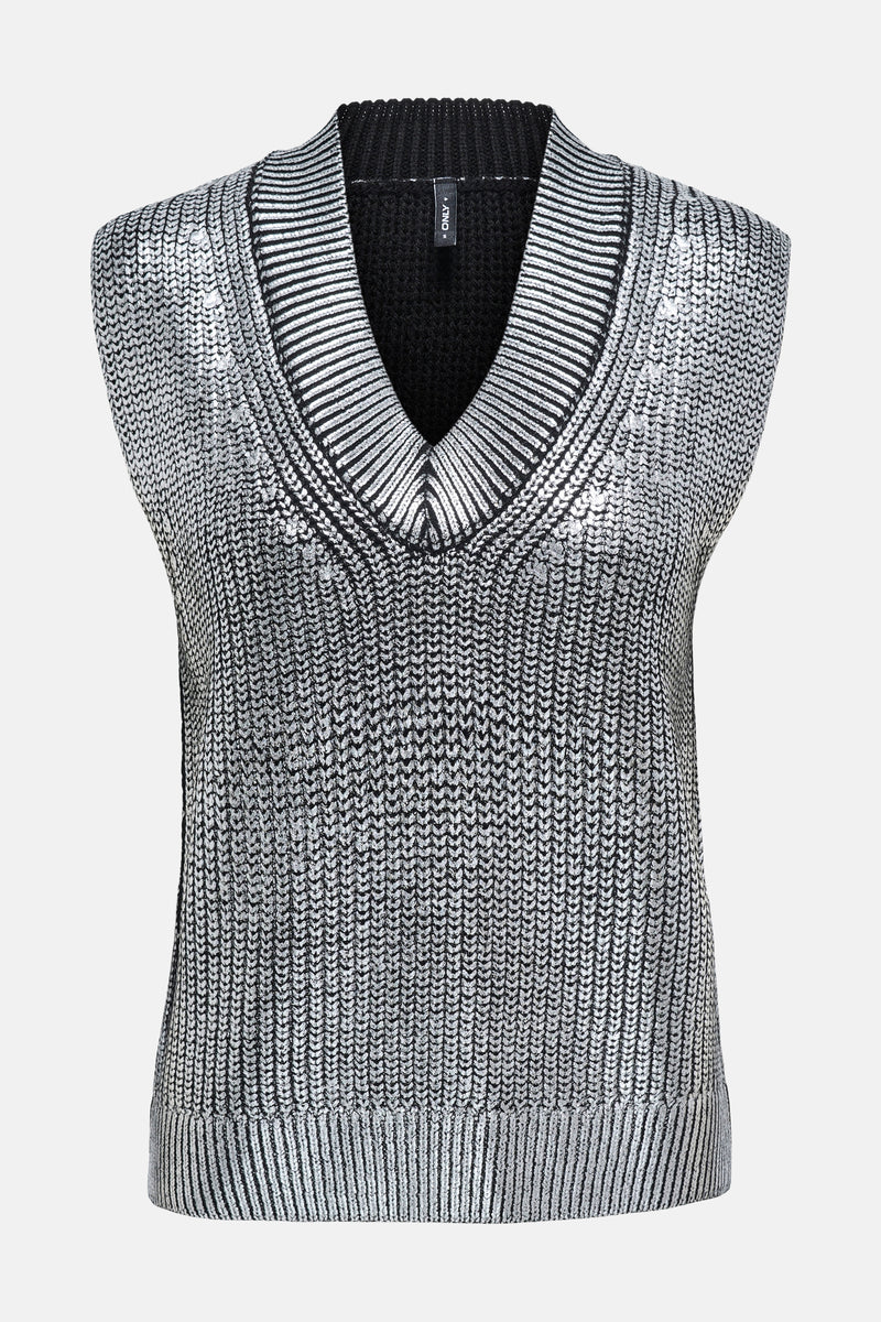 Zilveren tanktop van ONLY, met gebreid patroon en V-hals afgezet met strepen.