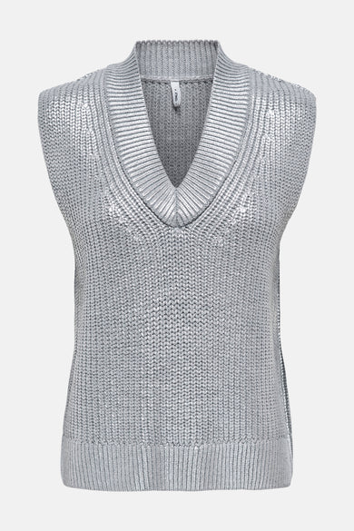 Zilveren tanktop van ONLY®, in ribgebreid met opstaande kraag, achterzicht.
