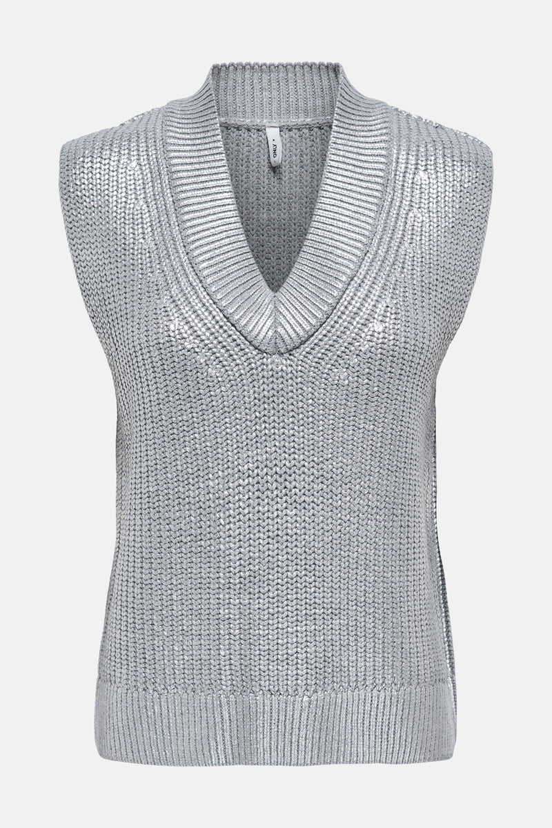 Zilveren tanktop van ONLY®, in ribgebreid met opstaande kraag, achterzicht.