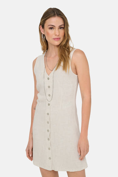 Robe écru de ONLY® sans manches, boutonnée sur le devant, avec col en V et texture lin.