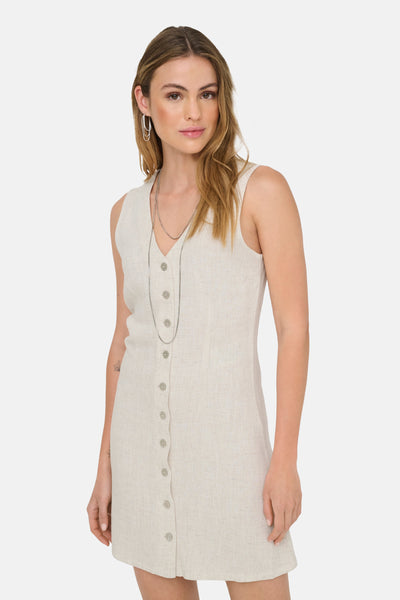 Robe écru de ONLY® sans manches, boutonnée sur le devant, avec col en V et texture lin.