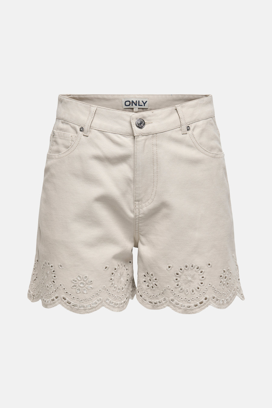 Korte beige katoenen short van ONLY, met een geschulpte geborduurde zoom.