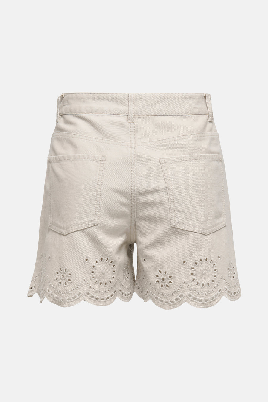 Korte beige spijkerbroek van ONLY, met uitgesneden details met bloemenpatroon op de zoom.