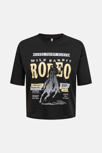 Zwart T-shirt met korte mouwen van ONLY, achterkant zichtbaar op een witte achtergrond.