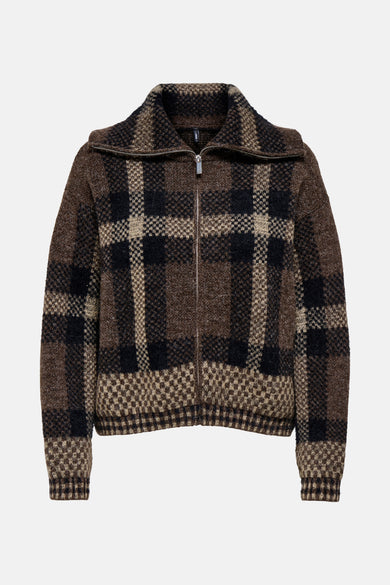 Bruine gebreid vest met rits en ruitpatroon van ONLY.