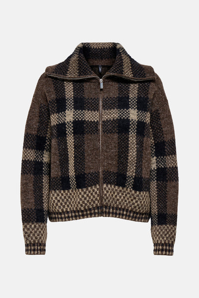 Bruine gebreid vest met rits en ruitpatroon van ONLY.