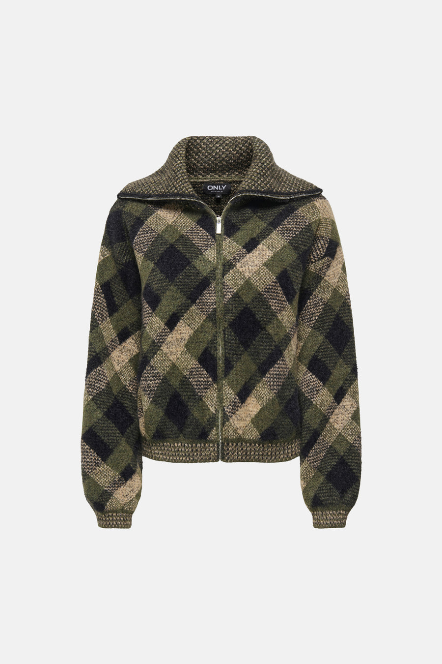Cardigan vert à carreaux avec zip et col montant, par ONLY®, tricoté en laine texturée, vue de face