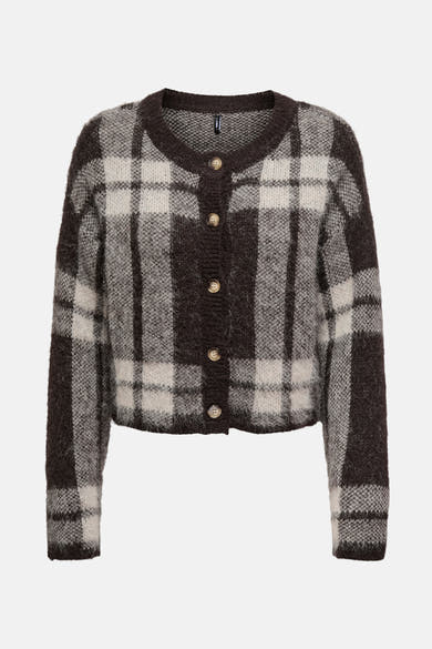 Bruine geruite cardigan van ONLY, met knoopsluiting aan de voorkant.