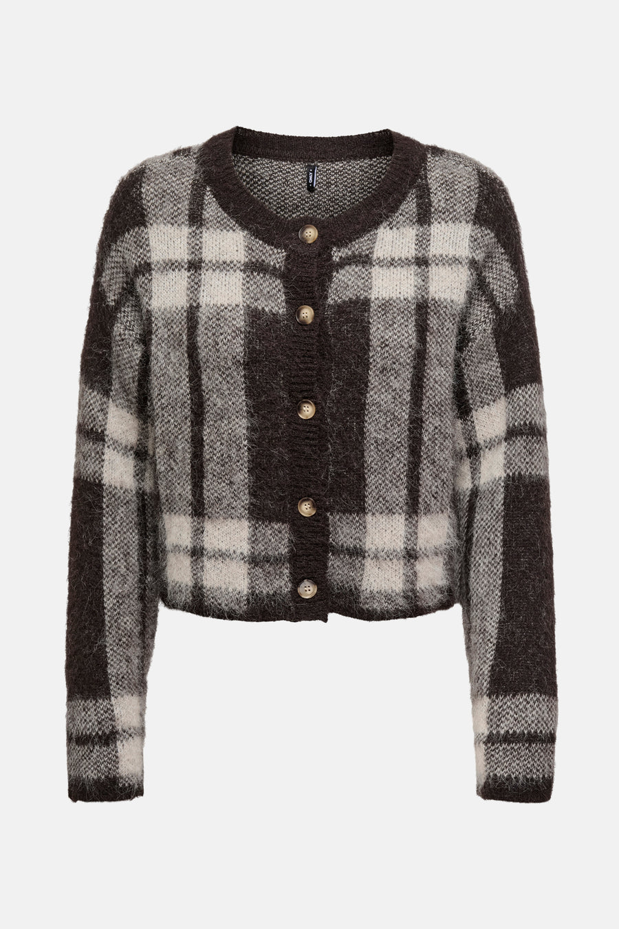 Bruine geruite cardigan van ONLY, met knoopsluiting aan de voorkant.