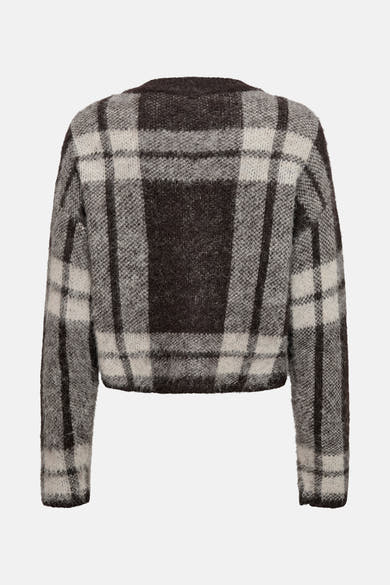 Bruine geruite cardigan van ONLY®, met lange mouwen en een getextureerd ruitpatroon.