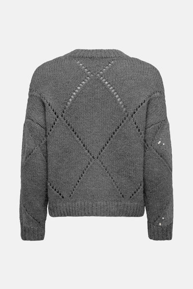 Pull à col rond gris by ONLY, avec motif losange ajouré et manches longues.