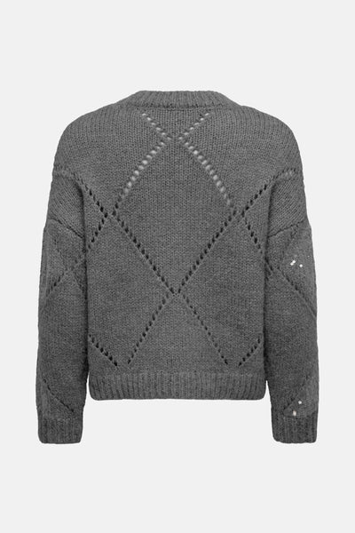 Pull à col rond gris by ONLY, avec motif losange ajouré et manches longues.