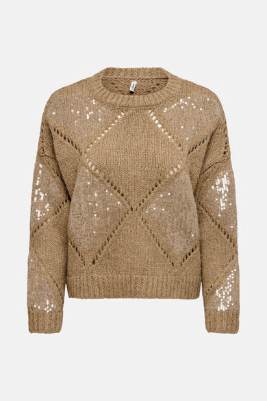 Beige trui met ronde hals van ONLY, versierd met ajourpatronen en pailletten.