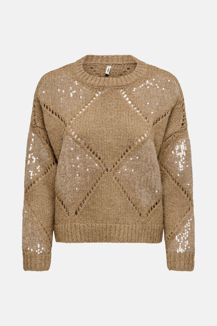 Beige trui met ronde hals van ONLY, versierd met ajourpatronen en pailletten.