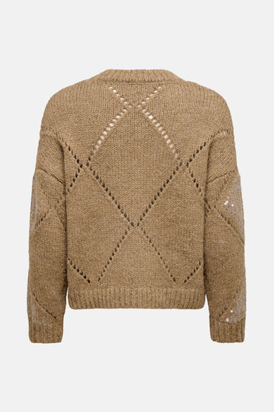 Beige trui met ronde hals van ONLY®, met ajour ruitpatroon en mouwen met pailletten.