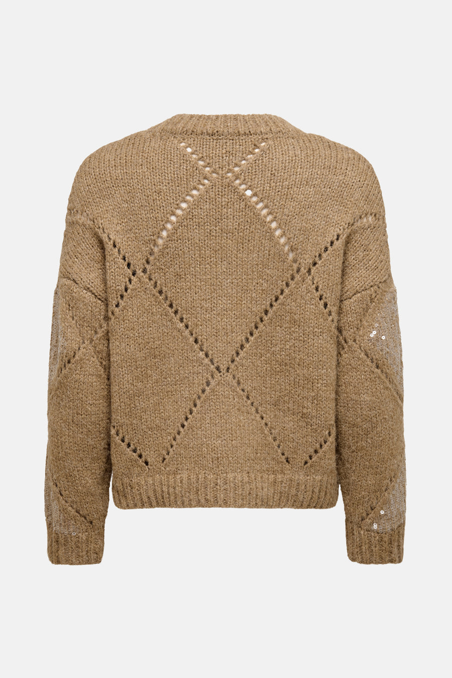 Beige trui met ronde hals van ONLY®, met ajour ruitpatroon en mouwen met pailletten.