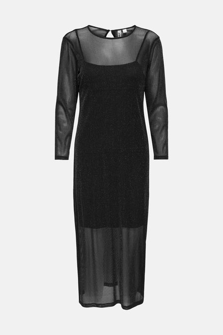 Zwarte jurk met lange mouwen van ONLY, met mesh-inzetstuk en glinsterend effect.