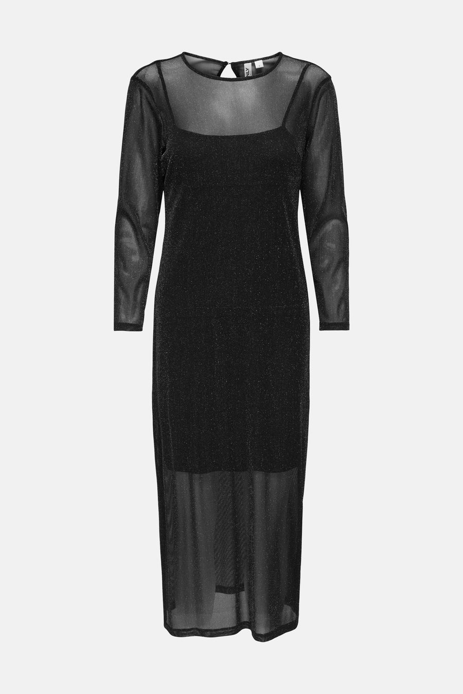 Zwarte jurk met lange mouwen van ONLY, met mesh-inzetstuk en glinsterend effect.