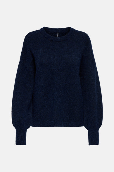 Donkerblauwe trui met ronde hals van ONLY®, met een pluizige textuur en pofmouwen.