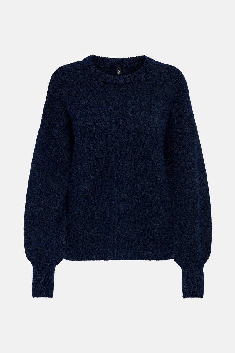 Donkerblauwe trui met ronde hals van ONLY®, met een pluizige textuur en pofmouwen.
