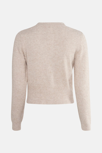 Beige vest van ONLY®, in fijne breiwerk, van achteren gezien op een effen achtergrond.