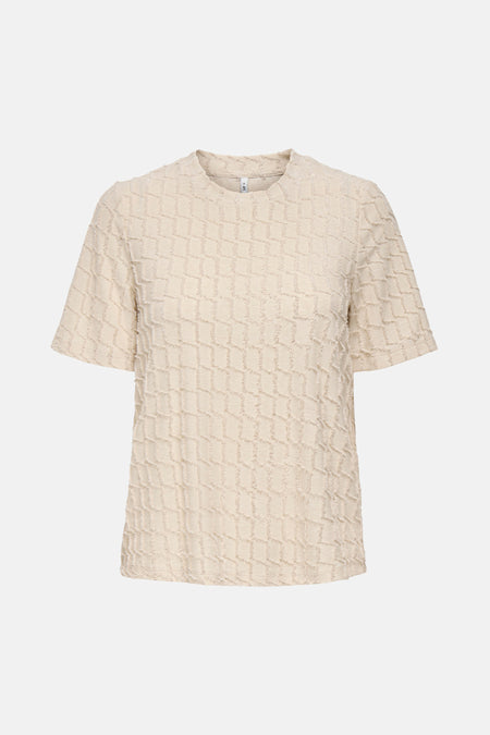 Beige T-shirt met korte mouwen van ONLY, met ruitpatroon met textuur.