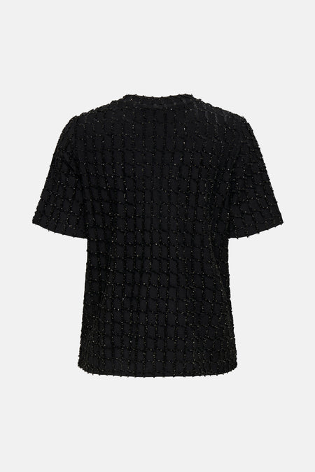 Zwart T-shirt met korte mouwen van ONLY, met een geruite textuur en glanzende details.