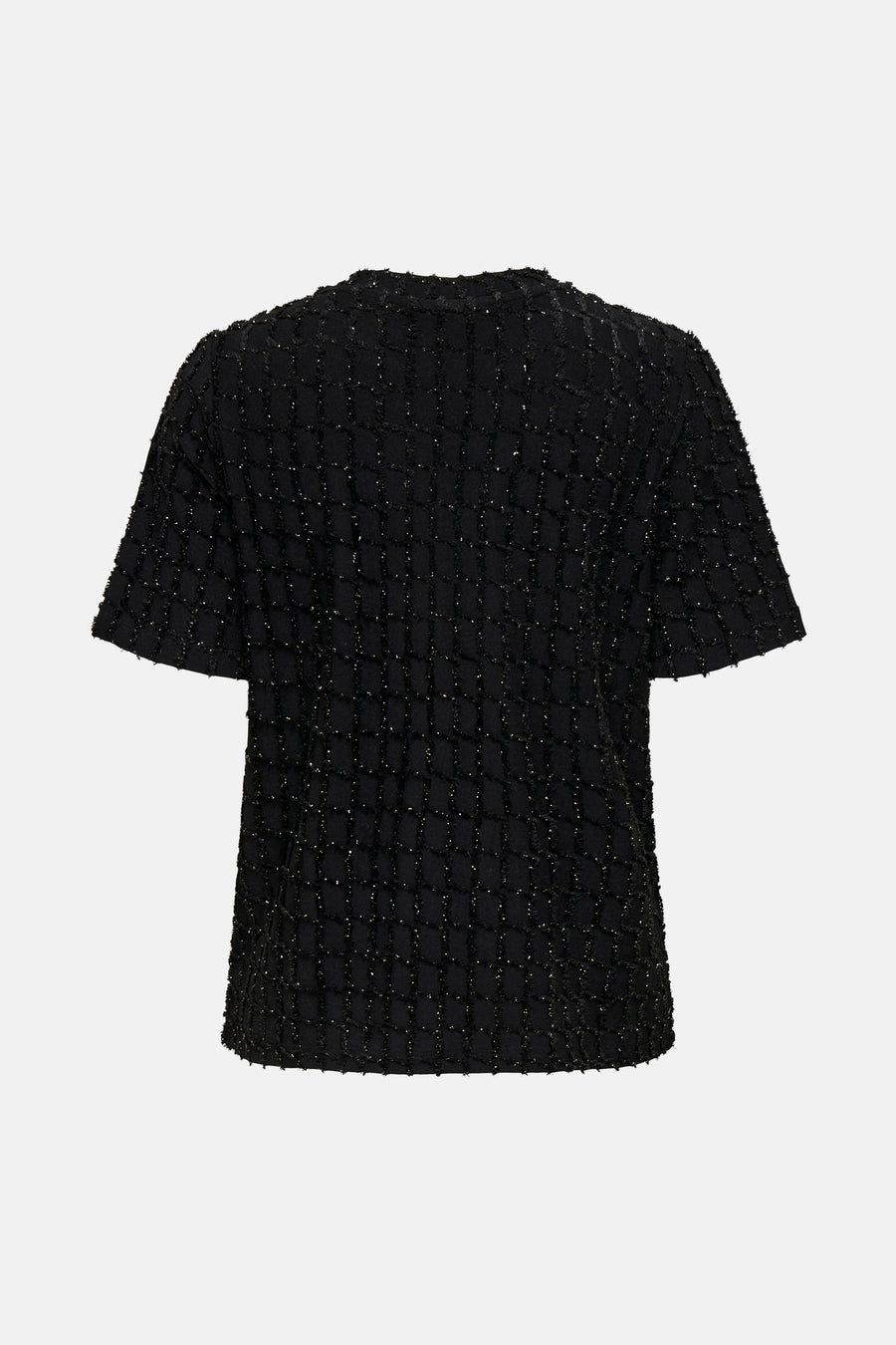 Zwart T-shirt met korte mouwen van ONLY, met een geruite textuur en glanzende details.