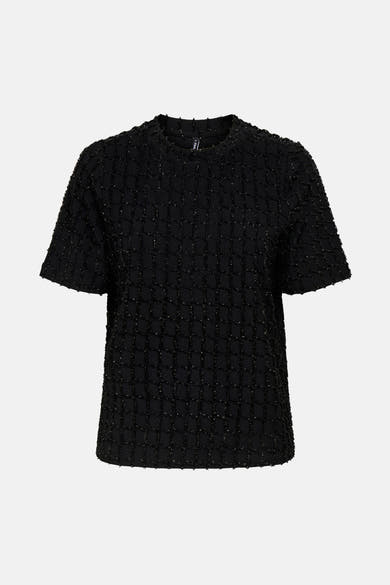Zwart T-shirt met korte mouwen van ONLY, met een glinsterend geruit textuurpatroon.