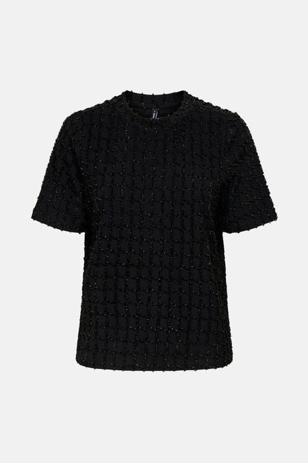 Zwart T-shirt met korte mouwen van ONLY, met een glinsterend geruit textuurpatroon.