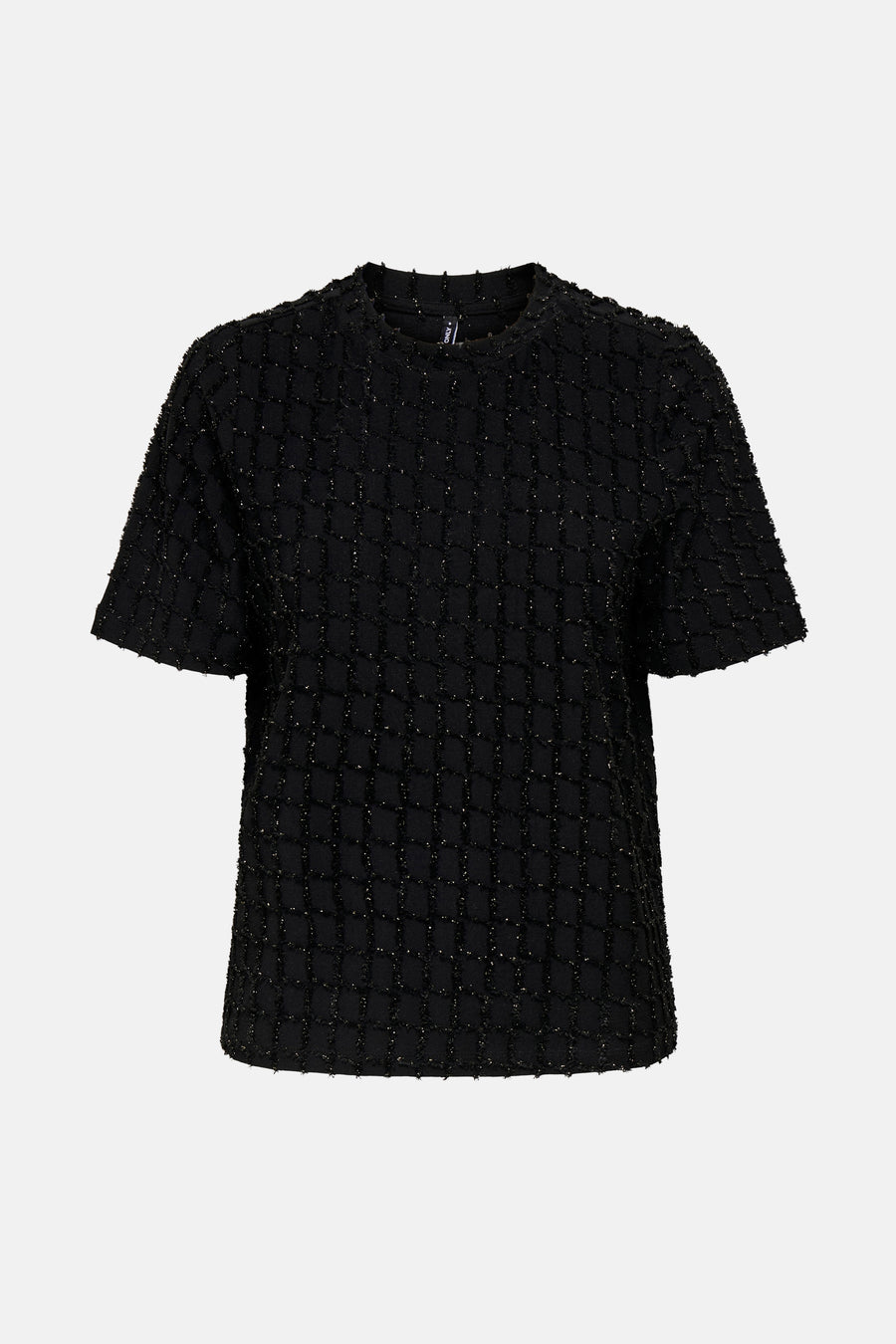 Zwart T-shirt met korte mouwen van ONLY, met een glinsterend geruit textuurpatroon.