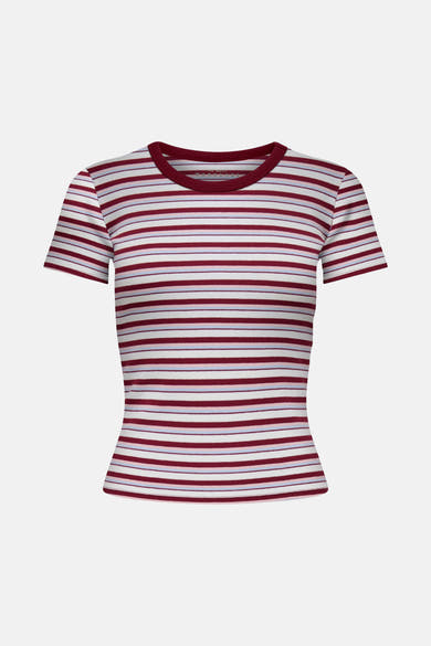 ONLY meerkleurig T-shirt met korte mouwen, gestreept in bordeauxrood, wit en lichtblauw, in ribgebreide stof.