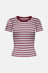 ONLY meerkleurig T-shirt met korte mouwen, gestreept in bordeauxrood, wit en lichtblauw, in ribgebreide stof.