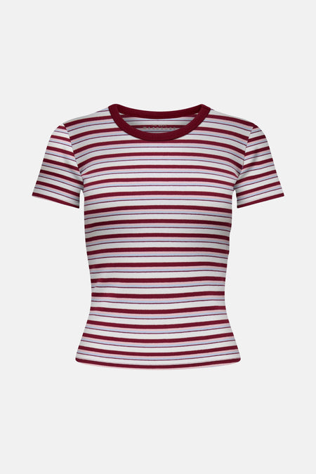 ONLY meerkleurig T-shirt met korte mouwen, gestreept in bordeauxrood, wit en lichtblauw, in ribgebreide stof.