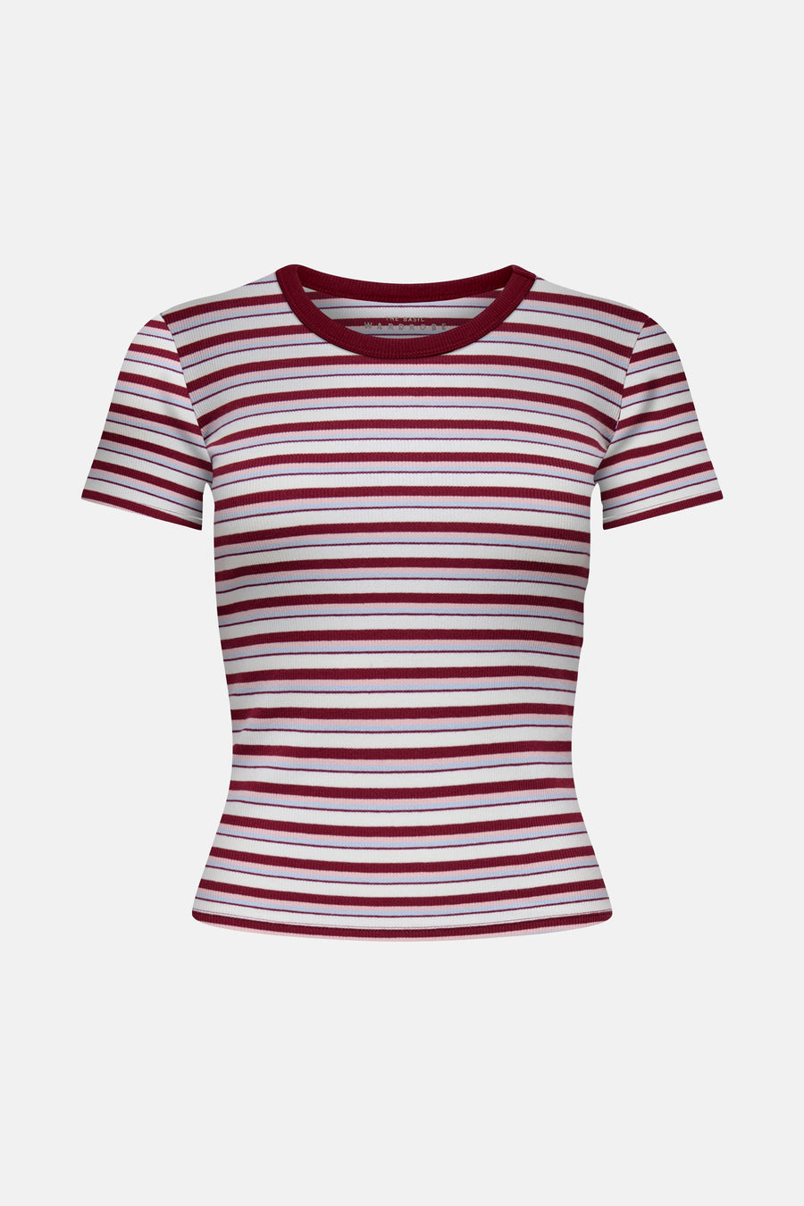 ONLY meerkleurig T-shirt met korte mouwen, gestreept in bordeauxrood, wit en lichtblauw, in ribgebreide stof.