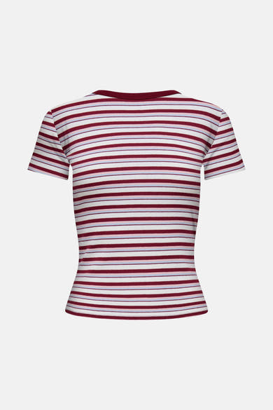 T-shirt à manches courtes multicolore ONLY, rayé bordeaux, blanc et bleu clair, en maille côtelée.
