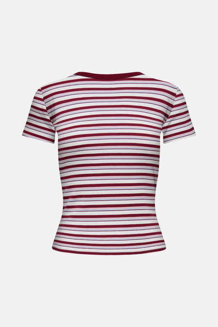 T-shirt à manches courtes multicolore ONLY, rayé bordeaux, blanc et bleu clair, en maille côtelée.