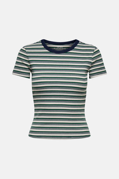 Multikleur gestreept T-shirt met korte mouwen van ONLY, met een marineblauwe ronde hals.