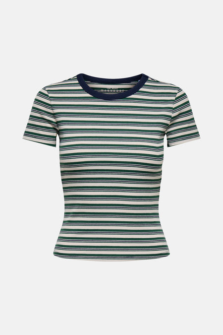 Multikleur gestreept T-shirt met korte mouwen van ONLY, met een marineblauwe ronde hals.