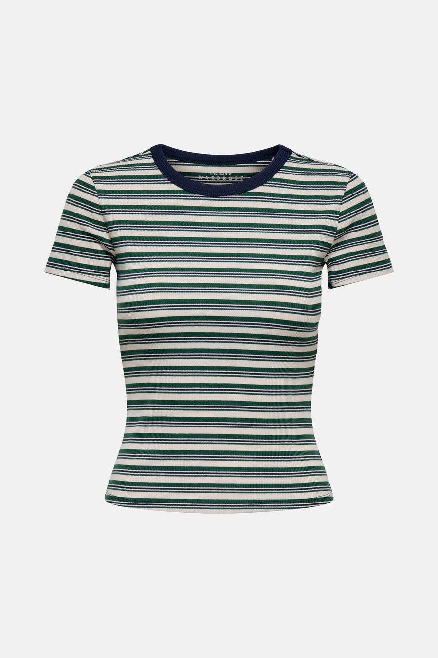 Multikleur gestreept T-shirt met korte mouwen van ONLY, met een marineblauwe ronde hals.