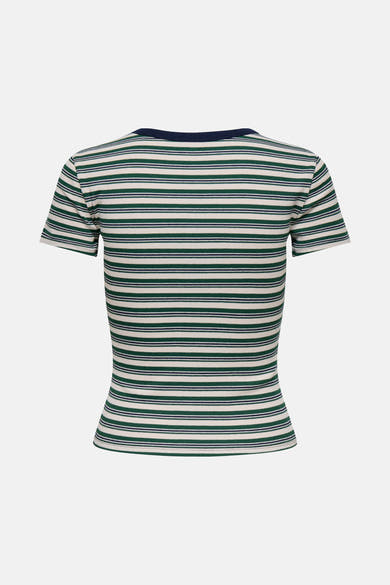 Gestreept T-shirt met korte mouwen van ONLY, met fijne groene, witte en marineblauwe strepen, achterkant.