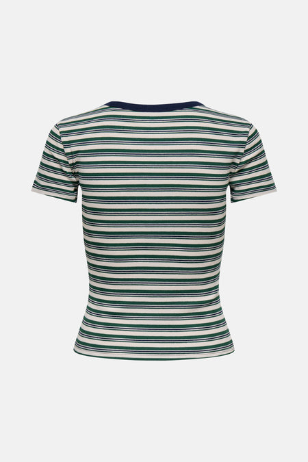 Gestreept T-shirt met korte mouwen van ONLY, met fijne groene, witte en marineblauwe strepen, achterkant.