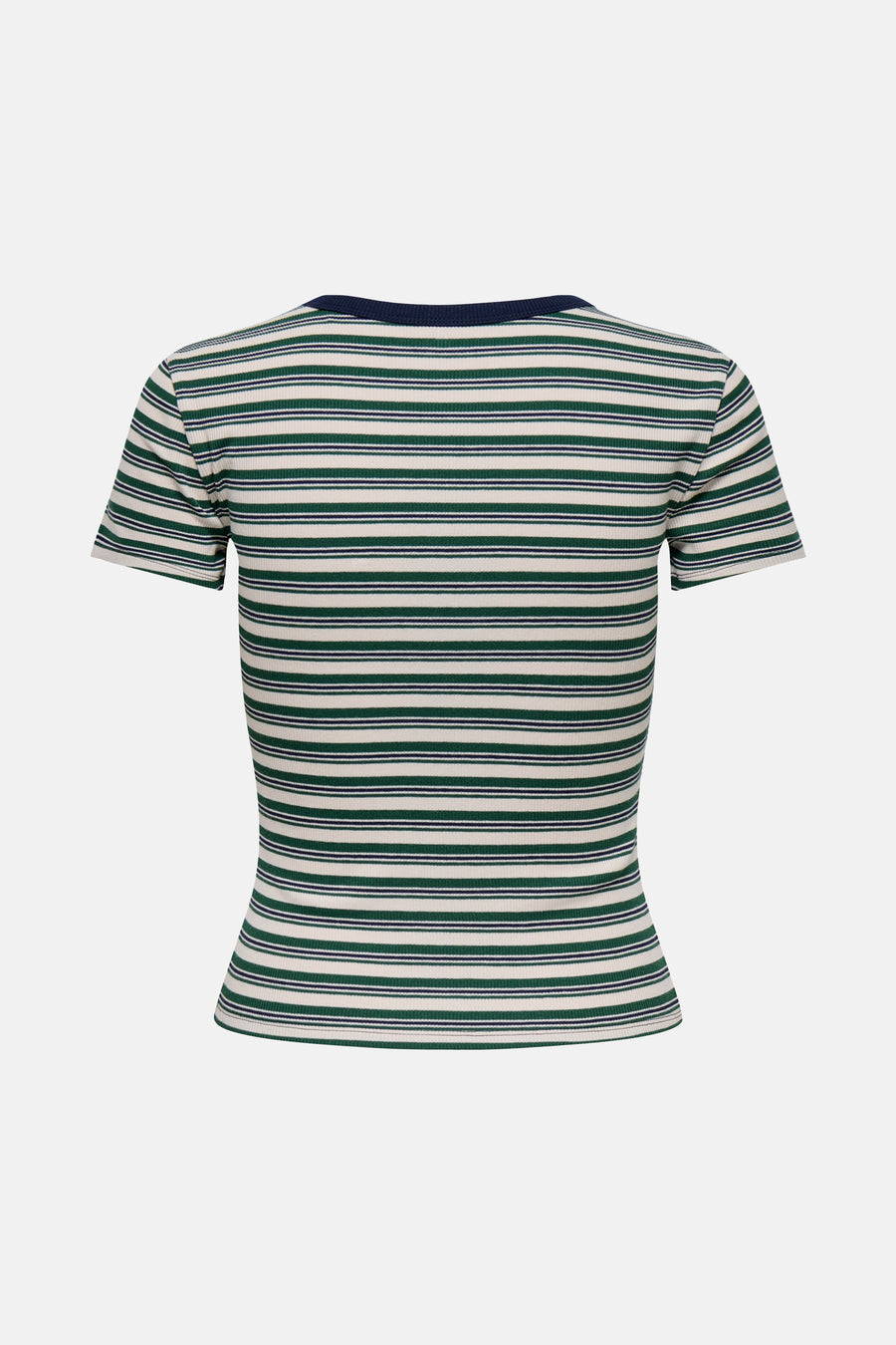 Gestreept T-shirt met korte mouwen van ONLY, met fijne groene, witte en marineblauwe strepen, achterkant.